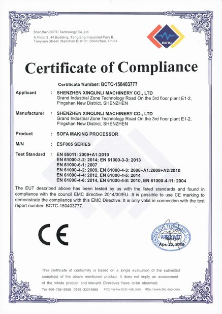 China Shenzhen Xinqunli Machinery Co., Ltd. Certificaciones